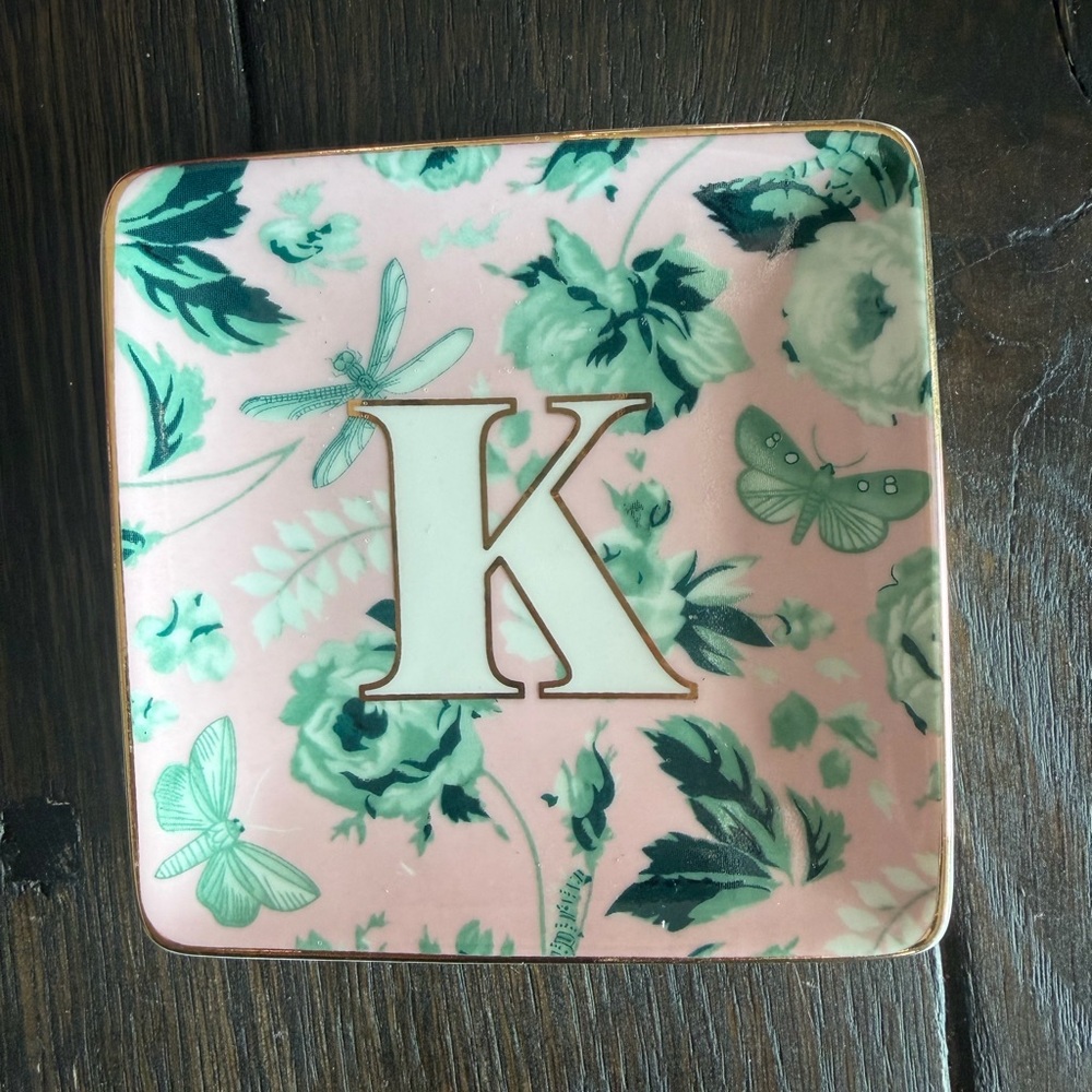 Anthropologie Pink and Green Floral Trinket Dish